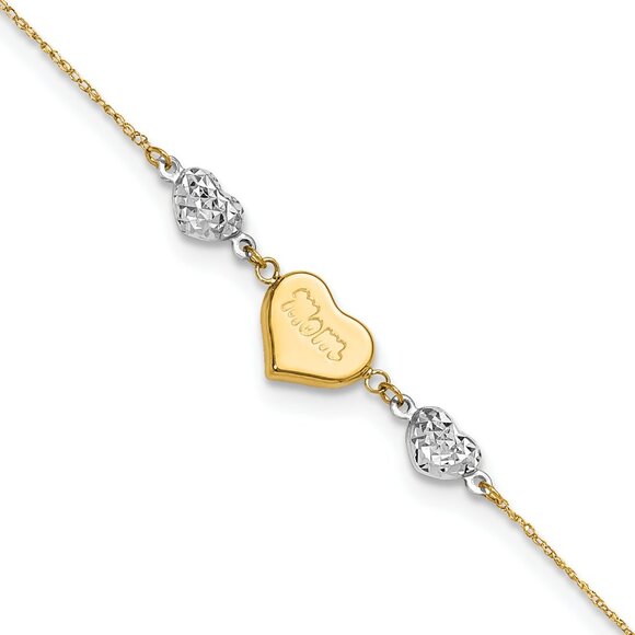14K Two-tone Diamond-cut and MOM Puffed Heart 9 inch Plus 1 inch Extender - Tota - Picture 1 of 12